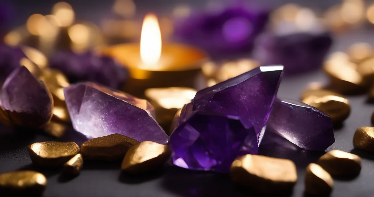 Cristales de amatista y cuarzo brillante sobre piedra oscura con rayos de luz dorada