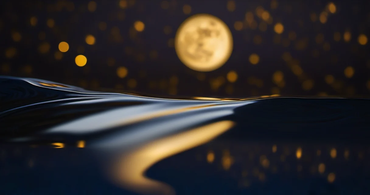 Pozas de agua oscura reflejando luna creciente y estrellas con ondas doradas