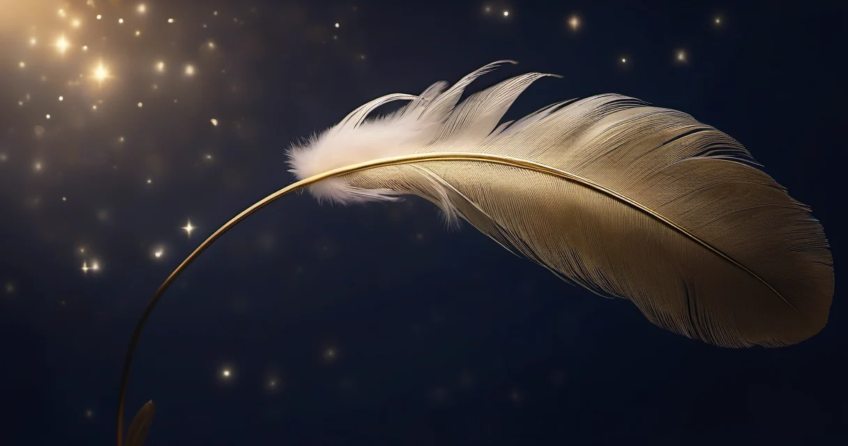 Plumas doradas del viento girando alrededor de una pluma blanca flotante en cielo índigo estrellado