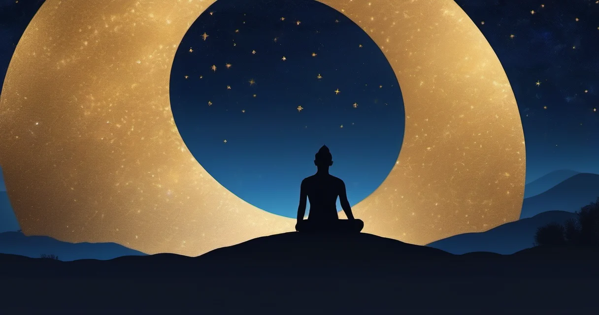 Silueta meditando bajo un cielo estrellado con luna creciente dorada y puntos de luz de chakras