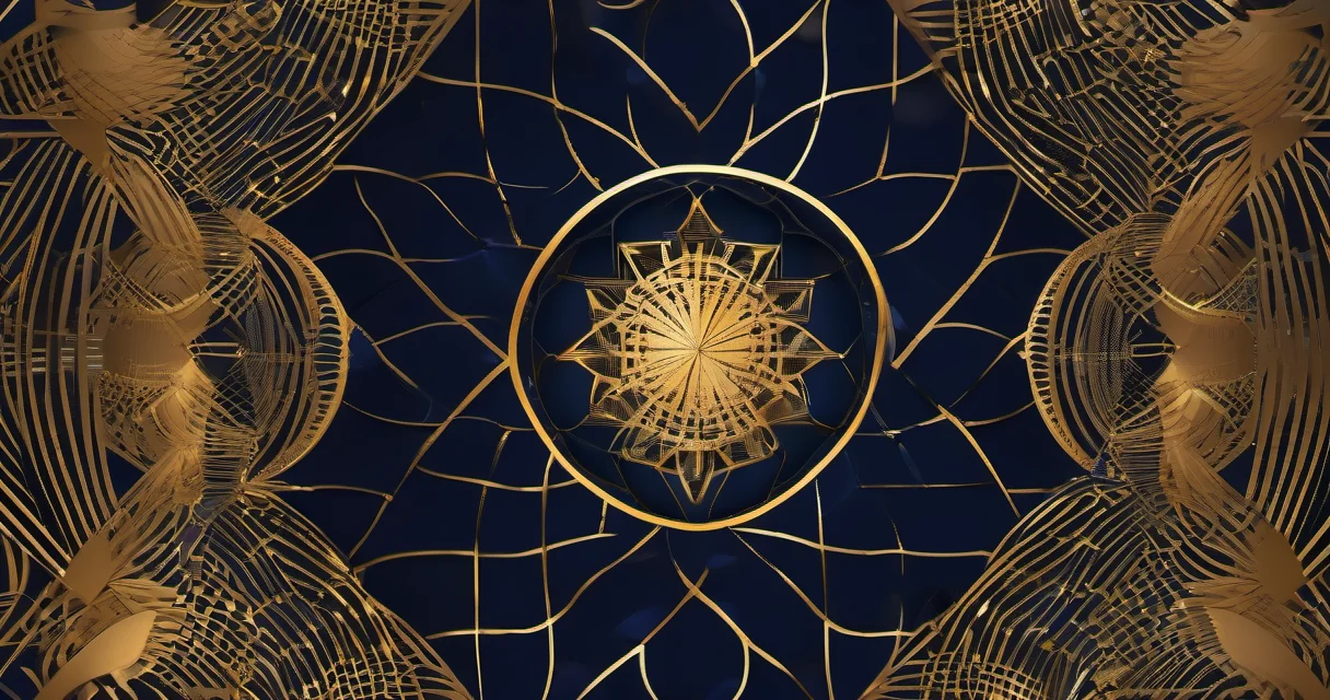 Geometría sagrada dorada de círculos interconectados sobre fondo índigo medianoche con estrellas