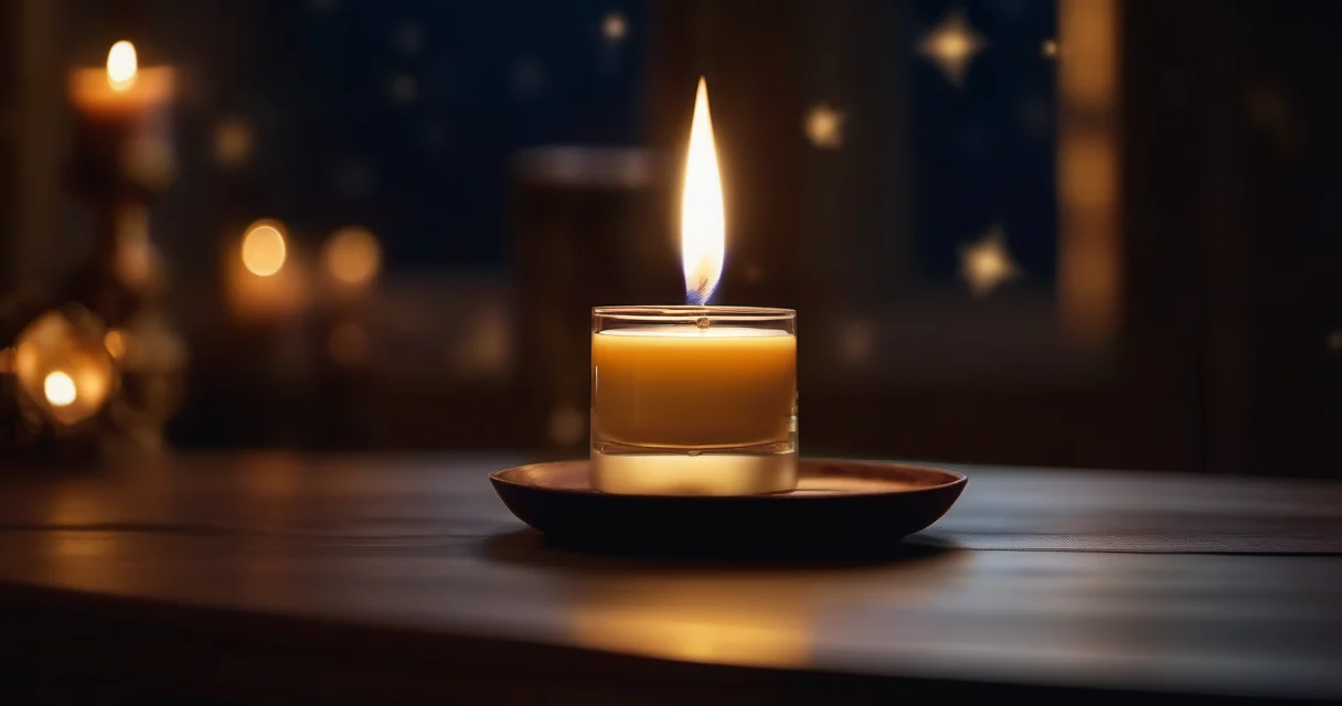 Vela blanca encendida en un altar oscuro con humo de incienso ascendiendo a un cielo estrellado