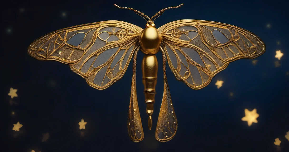 Polilla luminosa dorada con alas intrincadas sobre luna creciente y estrellas en cielo índigo