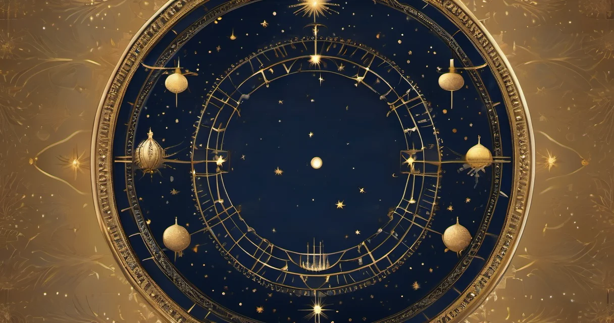 Rueda zodiacal dorada con doce constelaciones orbitando una luna creciente en cielo índigo estrellado