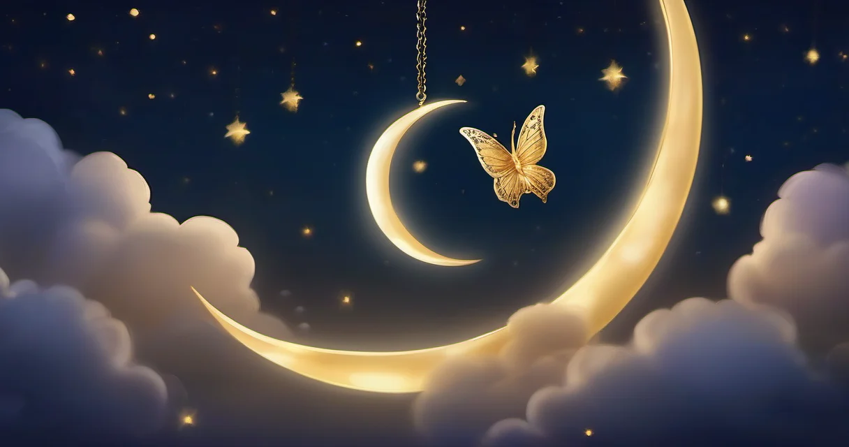 Nubes oníricas luminosas en un cielo estrellado con mariposa dorada y luna creciente